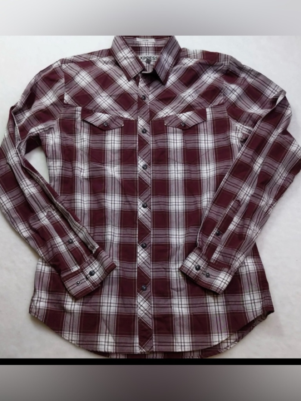 Express Burgundy/ White Long Sleeve Pearl Snap Fitted Plaid Shirt Sz(S)